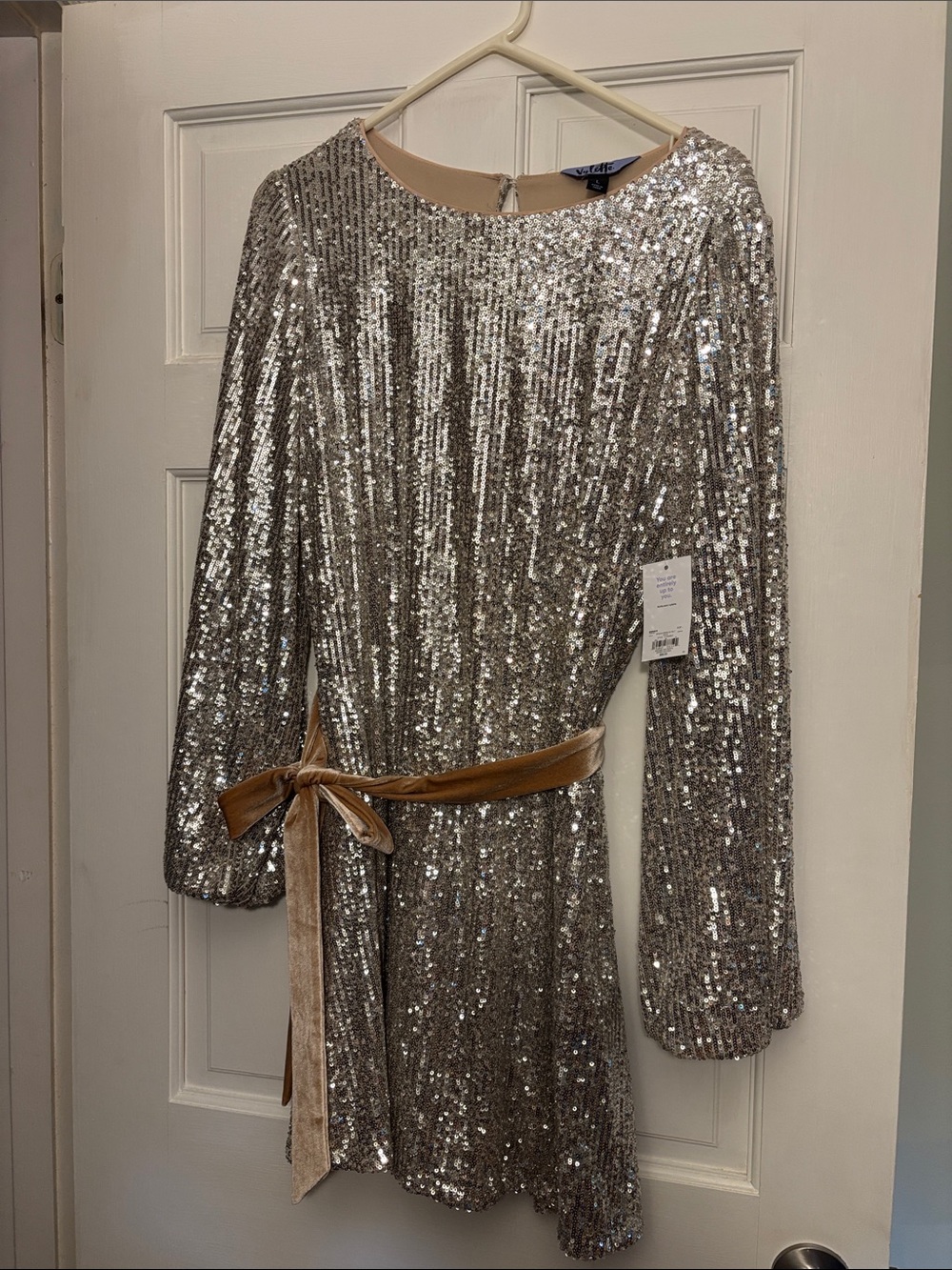 Kohl's Silver Sequin Long-Sleeve Party Dress with Velvet Belt